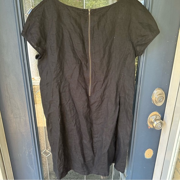 Eileen Fisher Organic Linen Black Boxy Pockets Baggy Midi Short Sleeve Dress - Picture 5 of 6